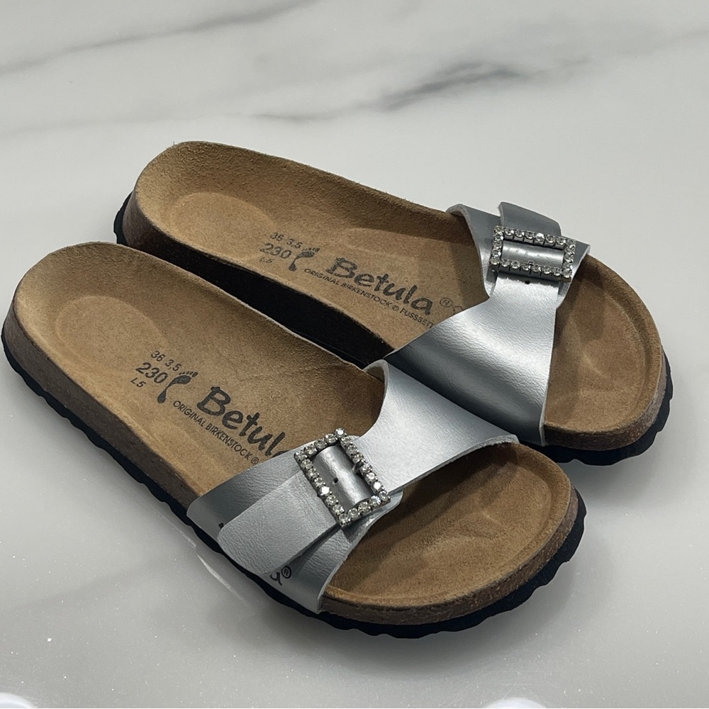 Birkenstock Betula Madrid Silver Slide Sandal with Rhinestone Buckle Size EU 36